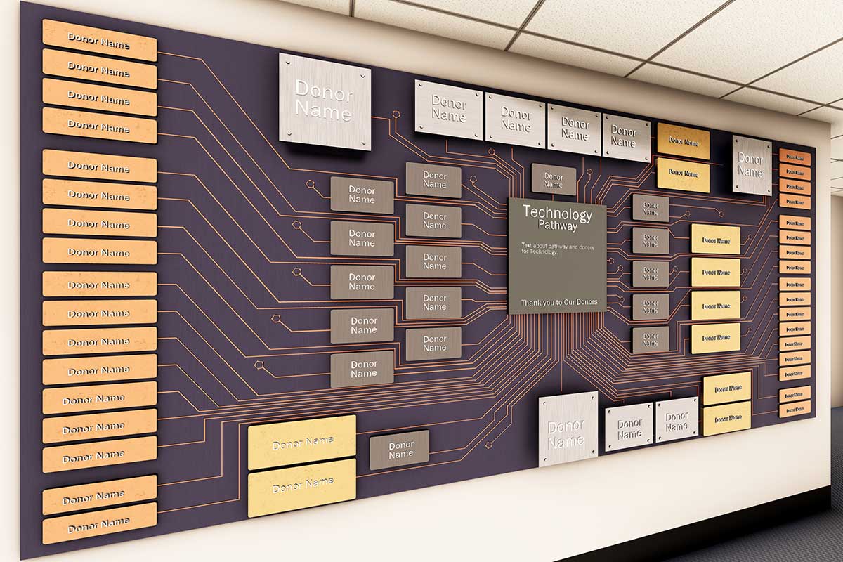 A 3D rendering at an angle of the information technology pathway donor wall with lines like computer curcuits connecting donor names on plaques.