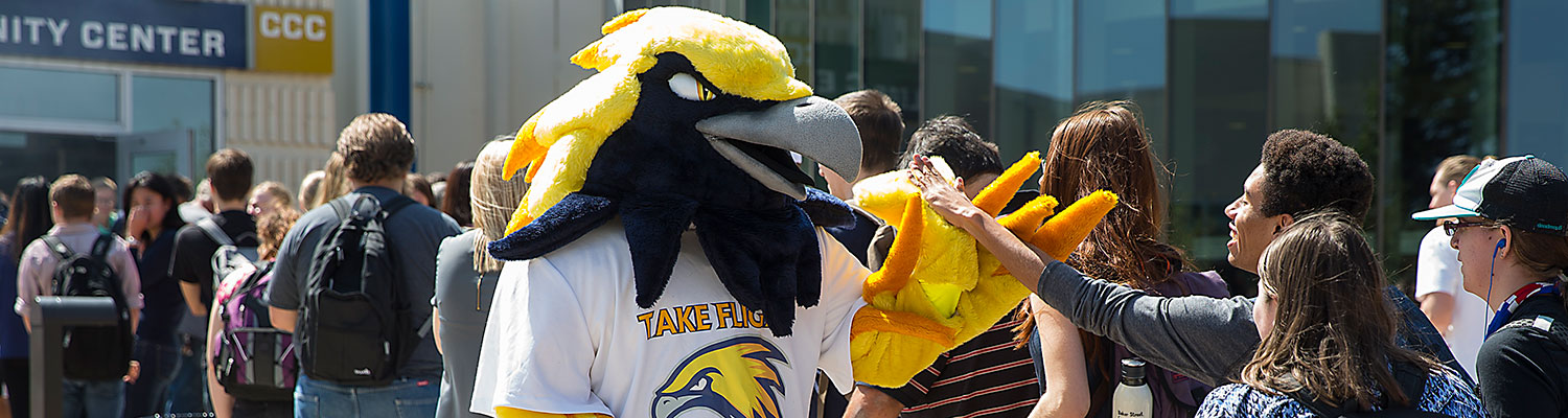 photo of students in a line outside by the College Community Center with mascot Talon high fiving students