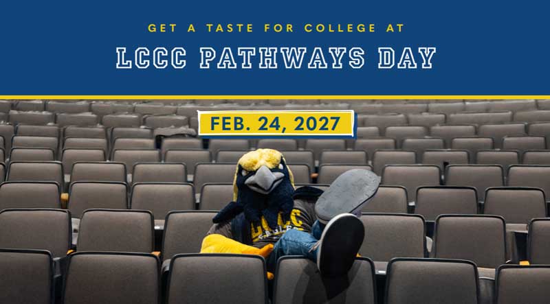 Talon the mascot sits on a chair in an empty auditorium. Across the top of the image are the words, "Get a taste for college at LCCC" and the date "Feb. 24, 2027"