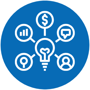 Blue background with white icon of lightbulb with circles around it with icons representing people, money, graphs showing progress and marketing