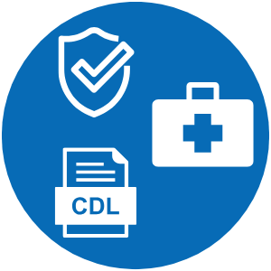 Blue background with white icons of medical bag, safety badge, and CDL license