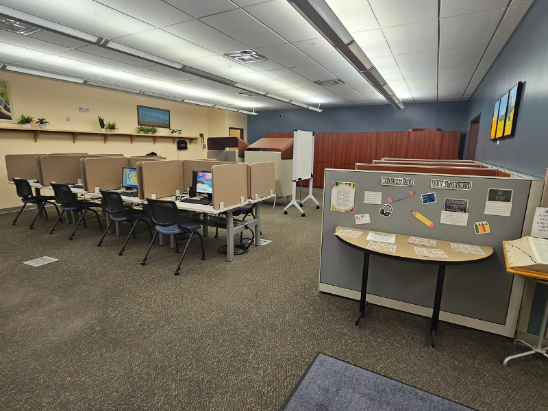 row of computers for student use in library