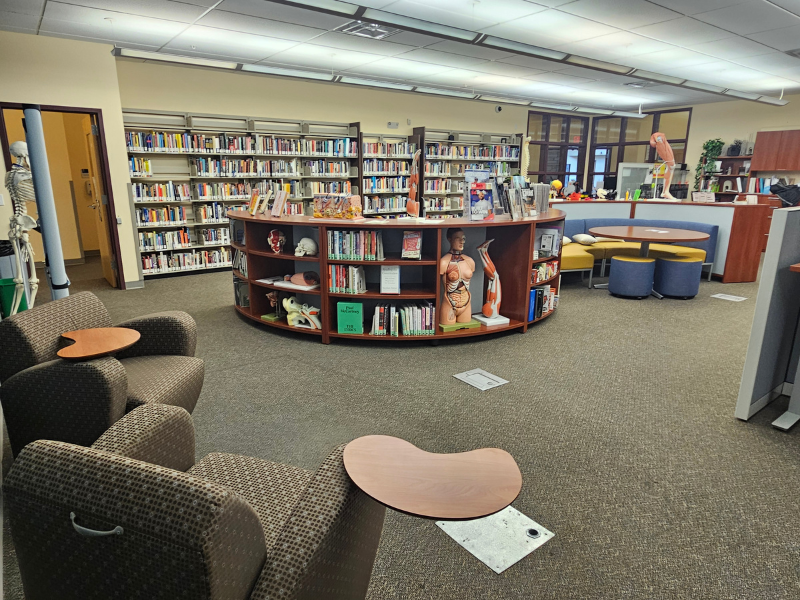 Corner view of circular bookshelf and wall of bookshelves