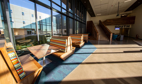 interior of LCCC's residence hall common space with booth