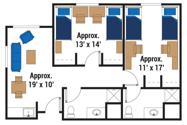 drawing of floor plan for 2-bedroom, 4-bed center with two bedrooms with two beds, desks and dressers in each room. It also has a main living space and two bathrooms.