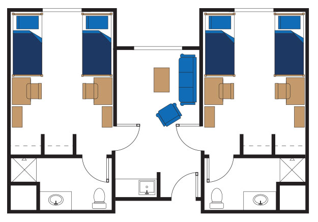 drawing of floor plan for 2-bedroom 4-bed center. It has two bedrooms with two beds, desks and dressers in each one. It also has a main living area and two bathrooms.