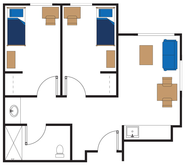 drawing of floor plan for 2 bedroom private with two separate bedrooms with bed, desk and dresser. Also has a main living space and bathroom.