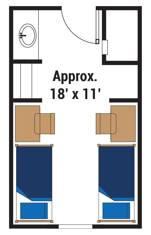 drawing of floor plan for two person dorm room with beds, desks, sink. Approximately 18 by 10 feet.