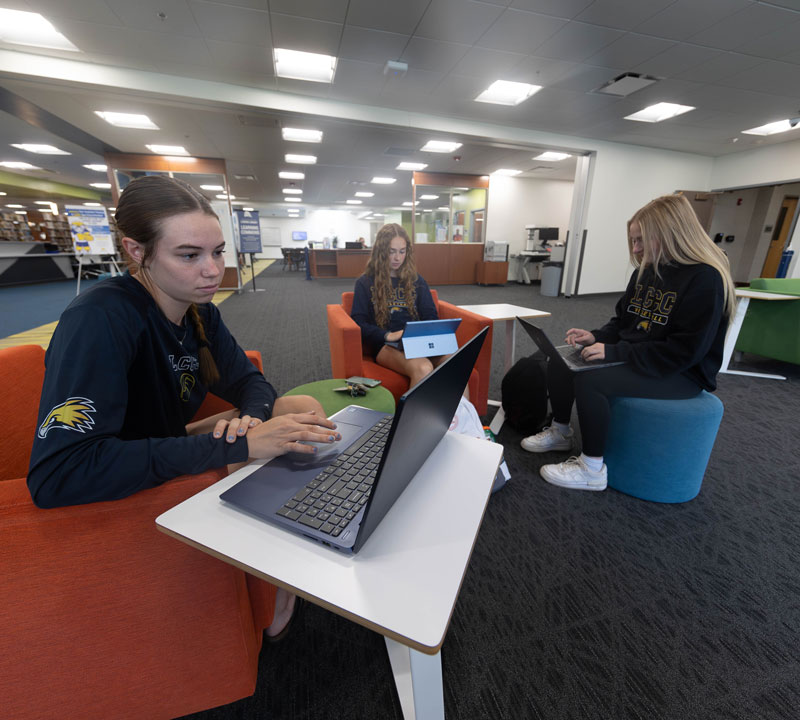 photo of volleyball students studying in the library
