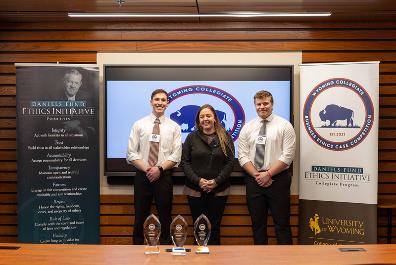From left to right, Jace Kappeler, team member, Danielle Adams, faculty advisor, and Spencer Lowry, team captain, made up LCCC’s team in the Wyoming Collegiate Business Ethics Case Competition April 7 at the University of Wyoming in Laramie.
