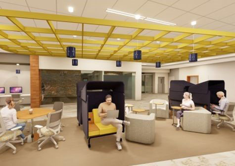 Rendering of the middle area in the Clay Pathfinder building after construction. It has seating and tables and carpet.