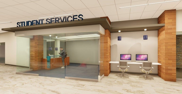 rendering of the front of the Student Services area after the construction