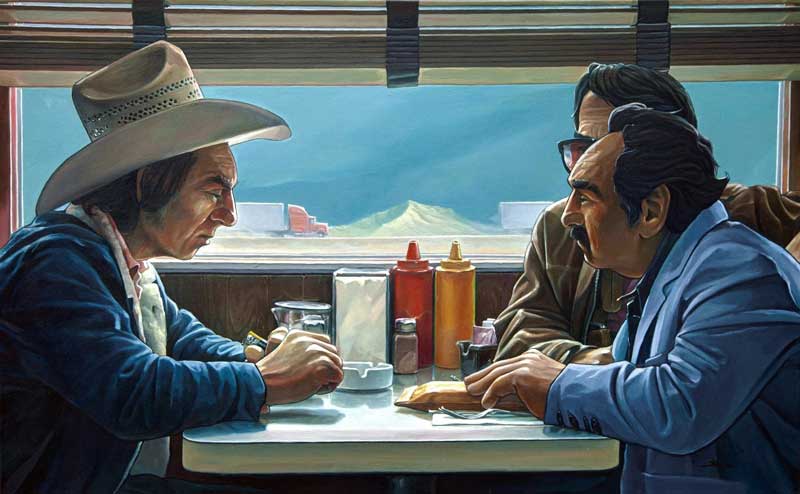 A painting by Will Barker called "the handoff" of three men sitting in a booth in a diner
