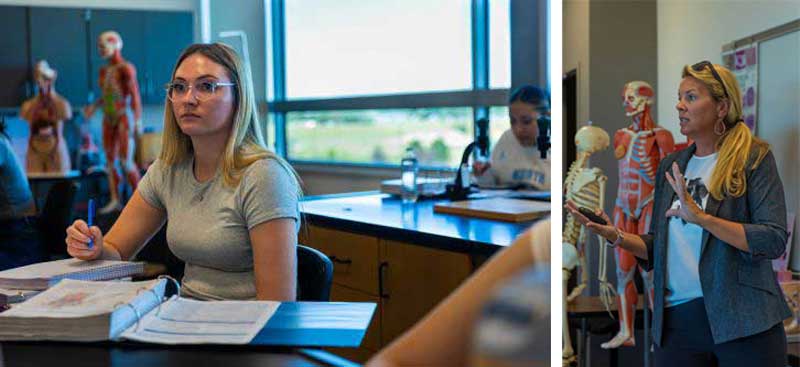 two photos: first is a student sitting at a table in anatomy class with a notebook in front of her and models of human muscles in the background. Second is faculty member Katie Blunn talking in front of the class.