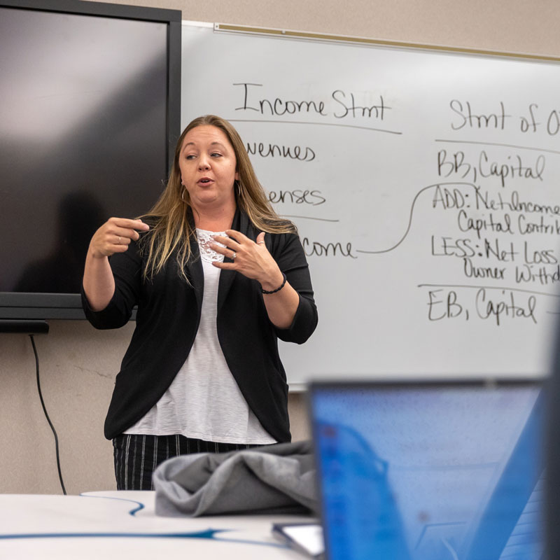 photo of a female faculty member speaking to a class in front of a white board with investing terms on it. Can see a student's computer screen in the right foreground of the photo.