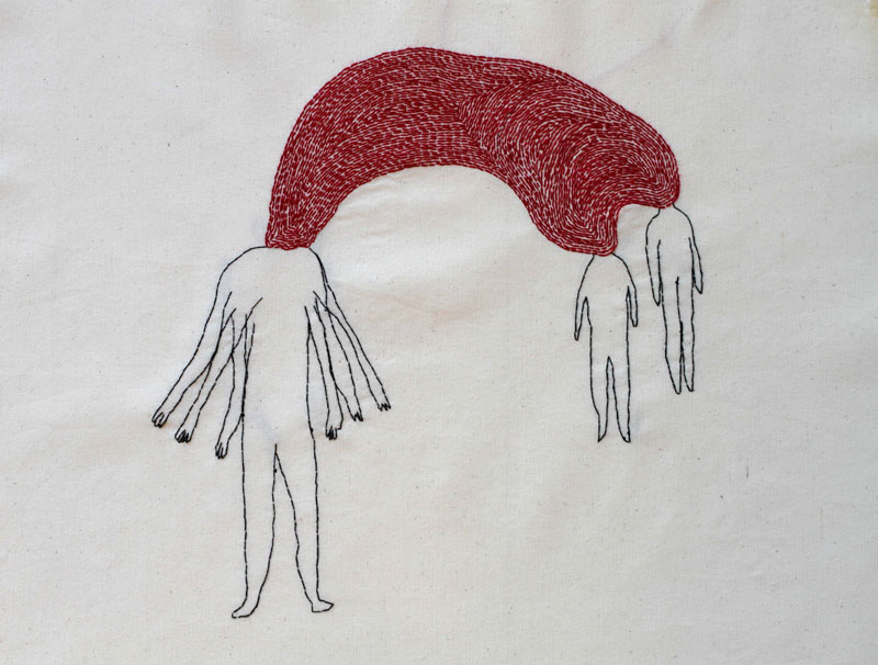 Embroidered artwork by Elnaz Javani with human figures connected by a red form