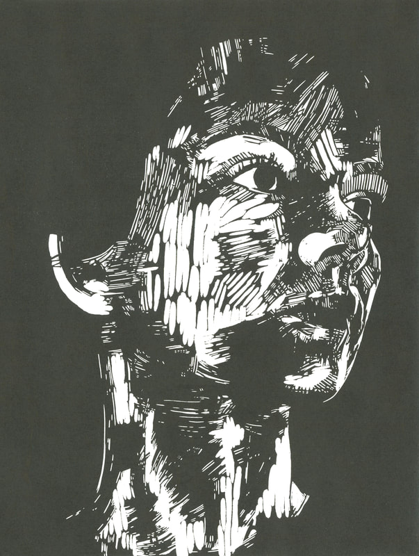 black and white print by Laura Grossett called Strange Times of the side of a women's face