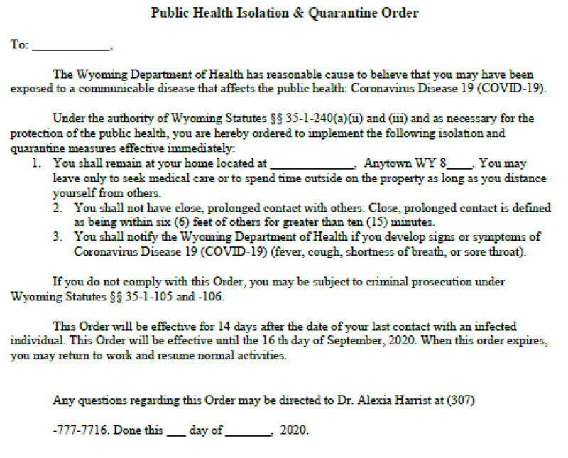 What a Public Health Isolation and Quaratine Order form looks like