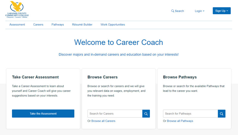 Screen shot of the Career Coach homepage