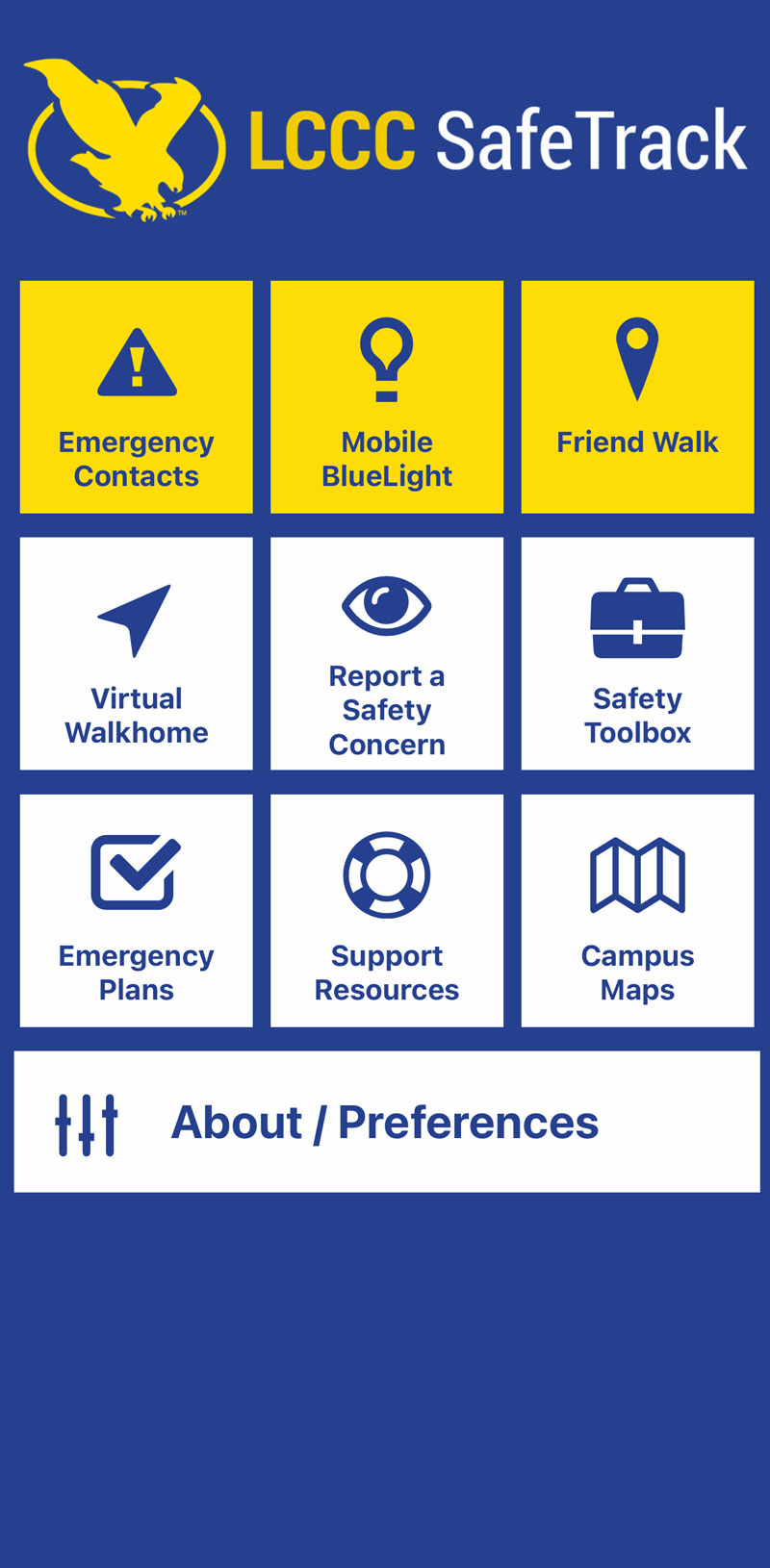 screenshot of the LCCC Safetrack App