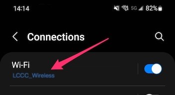 android setting with LCCC_Wireless showing in a screenshot
