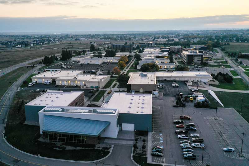 A drone photo of campus starting on the east side with Flex Tech closest to the camera