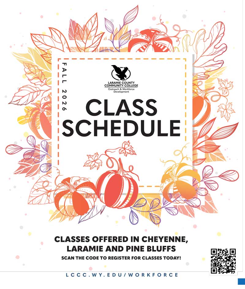 Laramie County Community College class schedule cover for Fall 2026 with autumn leaves and pumpkins