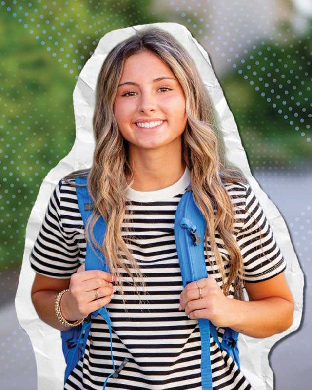 a collage image of a student wearing a backpack 