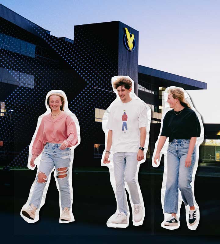 a collage of three students walking on campus with the Clay Pathfinder Building in the background