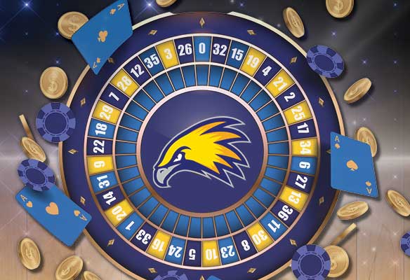 Graphic with roulette, playing cards, coins, chips and the LCCC athletic logo