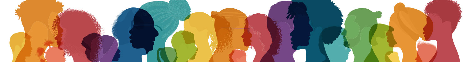 illustration of many overlapping heads and shoulders in different colors showing different types of people