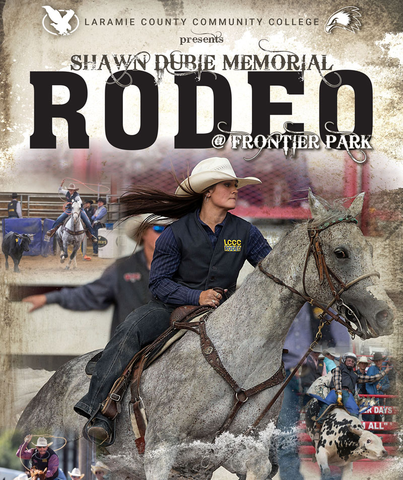 Laramie County Community College presents the Shawn Dubie Memorial Rodeo at Frontier Park with LCCC athletes riding horse and roping and bull riding.