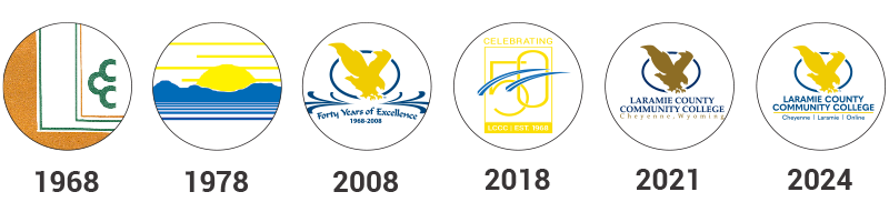 six logos that have represented LCCC over the years since 1968.