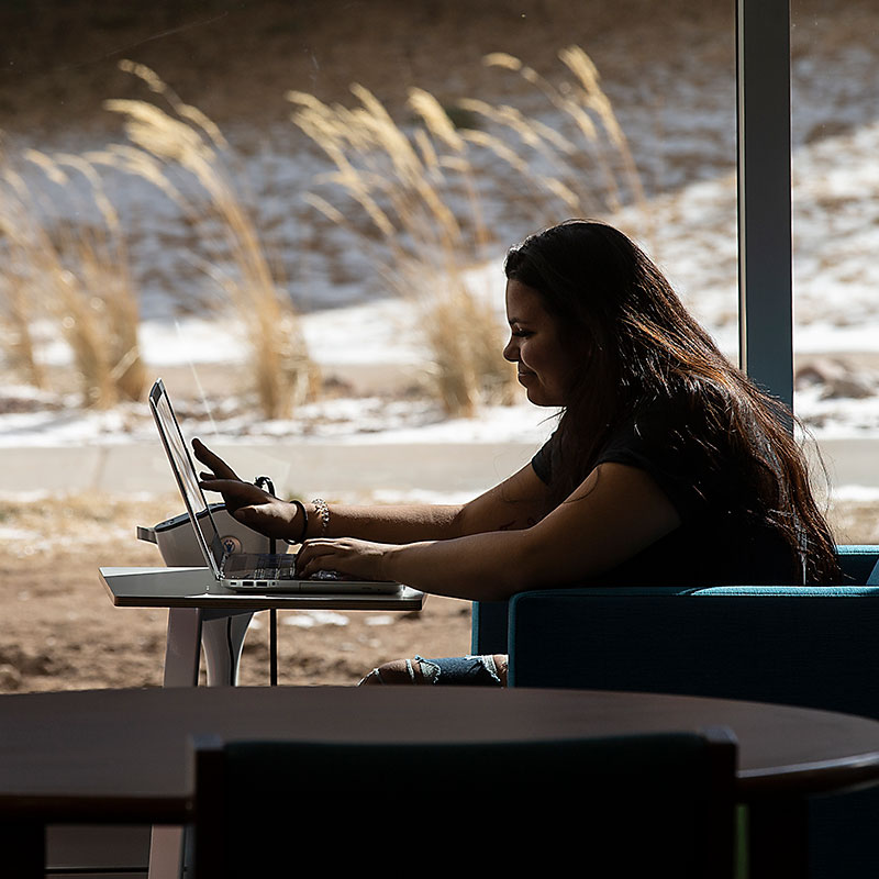 Female student sitting in the library by windows with laptop. Can see grass outside.